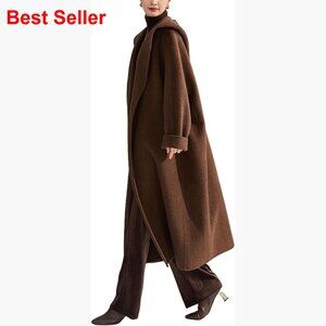 Long Wool Pea Coat with Hood, Belted Trench Style, Open Front